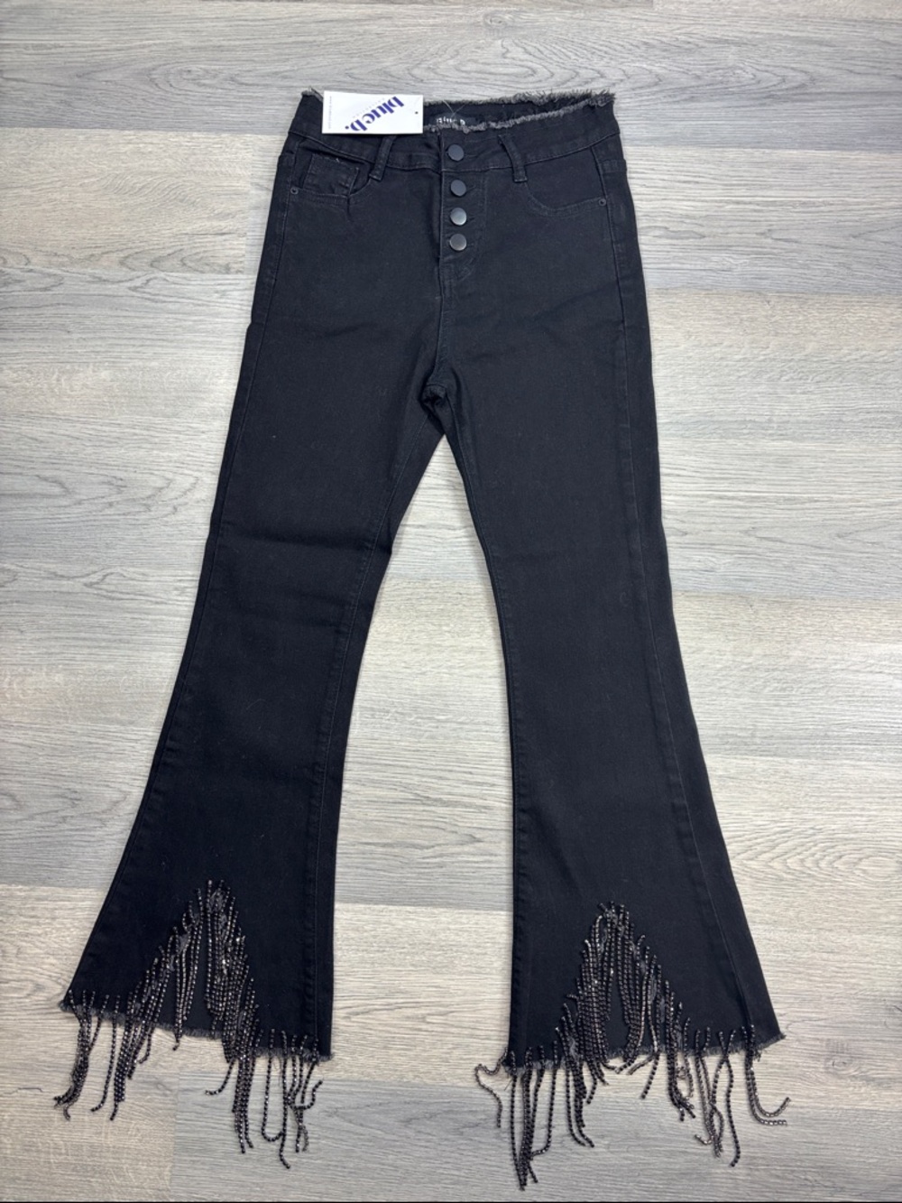 Blue B Collection Black Fringe Rhinestone Jeans -‎ size Small NWT